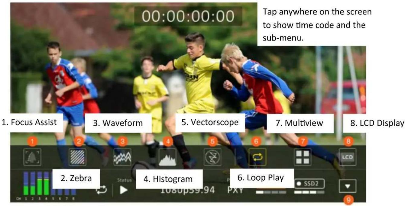 00:00:00:00 Tap anywhere on the screen to show time code and the sub-menu. 1. Focus Assist 3. Waveform 5. Vectorscope 7. Multiview 8. LCD Display 2. Zebra 4. Histogram 6. Loop Play