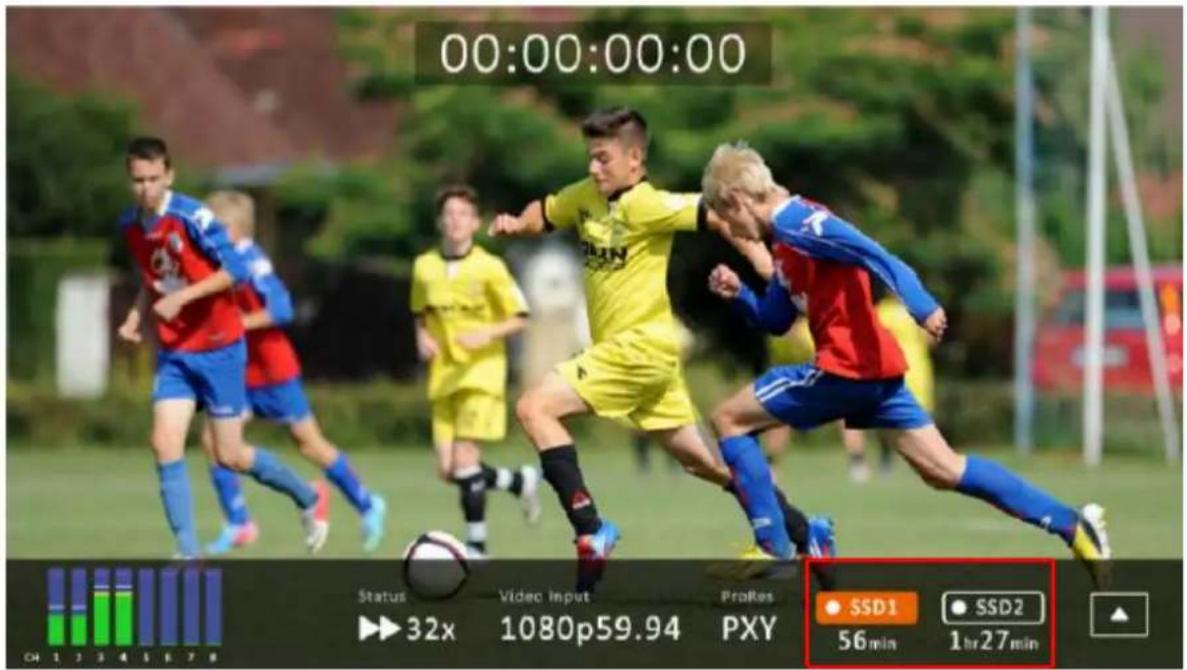 00:00:00:00 Status Video Input ProRes 32x 1080p59.94 PXY SSD1 56min SSD2 1hr27min