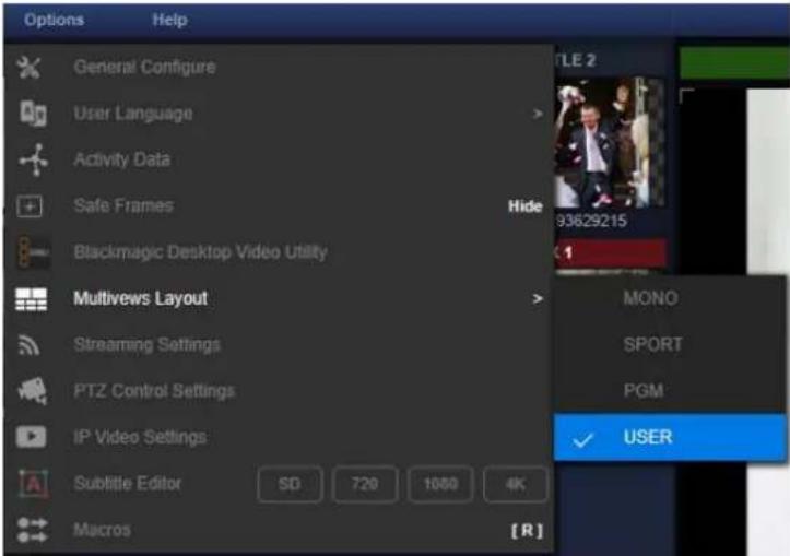 Options Help General Configure User Language Activity Data Safe Frames Blackmagic Desktop Video Utility Multiviews Layout Streaming Settings PTZ Control Settings IP Video Settings Subtitle Editor SD 720 1050 4K Macros [R] TITLE 2 93629215 MONO SPORT PGM ✓ USER