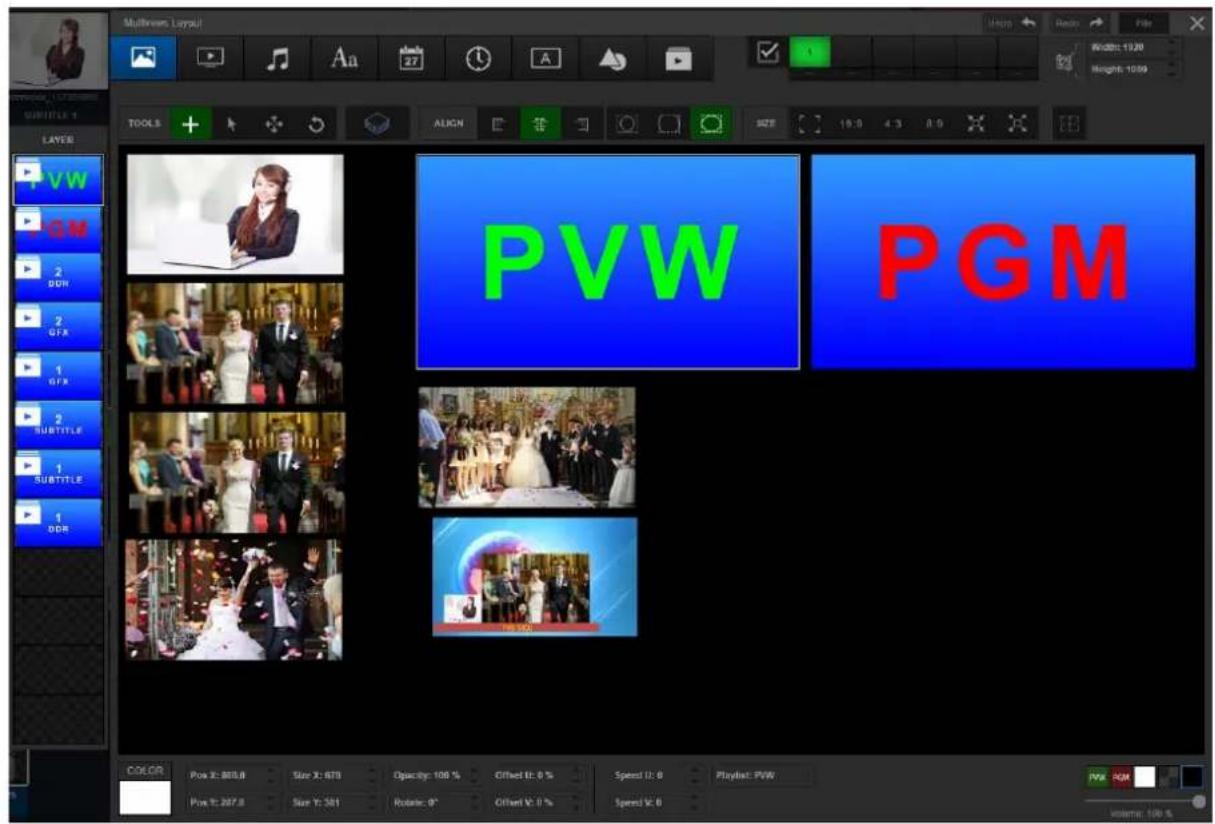 MultiNew Layout RGB: 1920 Height: 1059 LAYER PVW PGM COLOR Pow X: 805.8 Size X: 670 Opacity: 100 % Offset Y: 0 % Speed U: 0 Playtime: PWV PW PGM Volume: 100 % SubTITLE 4 TOPS ALIGN SIZE 19.0 4.3 8.0 1 SUBTITLE 1 SUBTITLE 1 DDR PVW PGM