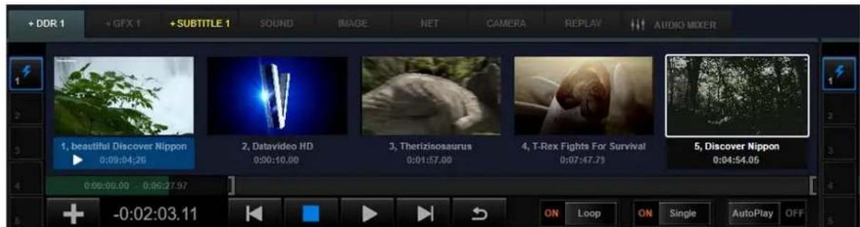 + DDR 1 + GFX 1 + SUBTITLE 1 SOUND IMAGE NET CAMERA REPLAY AUDIO MIXER 1, beautiful Discover Nippon 0:09:04:26 2, Datavideo HD 0:00:10.00 3, Therizinosaaurus 0:01:57.00 4, T-Rex Fights For Survival 0:07:47.79 5, Discover Nippon 0:04:54.05 0:06:09.00 - 0:06:27.97 -0:02:03.11 ON Loop ON Single AutoPlay OFF