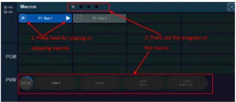 Macros F1. Test 1 2 F2. Test 2 1. Press here for playing or stopping macros. 2. Point out the progress of the macro. PGM PVW 59.30 PGM 2 PGM 3 DWSI QFB 4 CYNE SUBTITLE 1