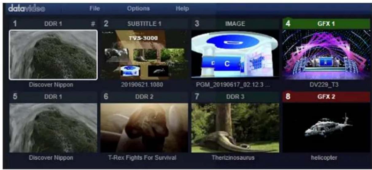 datavideo File Options Help 1 DDR 1 # 2 SUBTITLE 1 3 IMAGE 4 GFX 1 TVS-3000 Discover Nippon 20190621.1080 PGM_20190617_02.12.3 ... DV229_T3 5 DDR 1 6 DDR 2 7 DDR 3 8 GFX 2 Discover Nippon T-Rex Fights For Survival Therizinosaurus helicopter