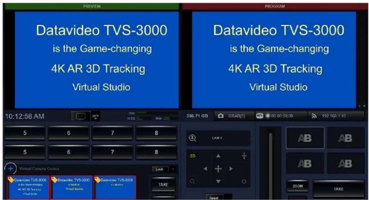 Datavideo TVS-3000 is the Game-changing 4K AR 3D Tracking Virtual Studio Datavideo TVS-3000 is the Game-changing 4K AR 3D Tracking Virtual Studio 10:12:58 AM OFF DISK 12.0G RAM 356.71 GB GRAB(0) MPN 00:00:00:00 192.168.1.10 5 6 7 8 5 6 7 8 Virtual Camera Center Lock 1 Datavideo TVS-3000 is the Game-changing 4K AR 3D Tracking Virtual Studio Datavideo TVS-3000 is the Game-changing 4K AR 3D Tracking Virtual Studio Datavideo TVS-3000 is the Game-changing 4K AR 3D Tracking Virtual Studio TAKE TAB AB AB AB ZOOM TAKE