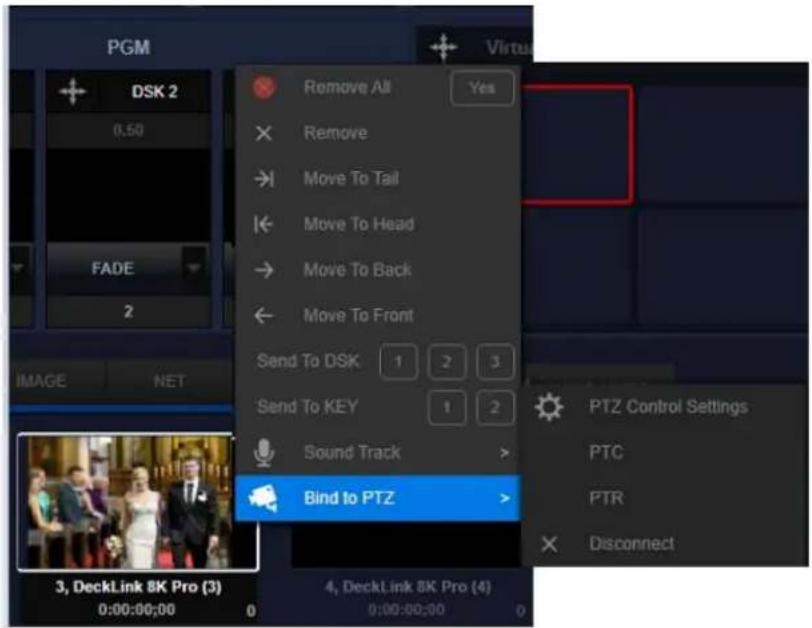 PGM DSK 2 0.50 FADE 2 IMAGE NET Remove All Yes Remove Move To Tail Move To Head Move To Back Move To Front Send To DSK 1 2 3 Send To KEY 1 2 Sound Track > Bind to PTZ > PTZ Control Settings PTC PTR Disconnect 3, DeckLink 8K Pro (3) 0:00:00:00 0 4, DeckLink 8K Pro (4) 0:00:00:00 0