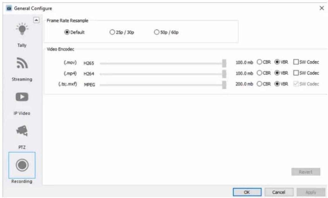 General Configure Frame Rate Resample ● Default ○ 25p / 30p ○ 50p / 60p Video Encodec (.mov) H265 100.0 mb ○ CBR ● VBR □ SW Codec (.mp4) H264 100.0 mb ○ CBR ● VBR □ SW Codec (.ts;.mxf) MPEG 200.0 mb ○ CBR ● VBR ✓ SW Codec Revert OK Cancel Apply Recording
