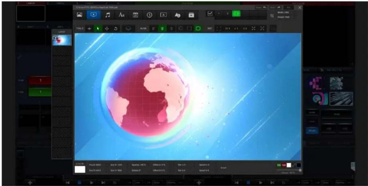 Screenshot of a video editing software interface displaying a digital globe with Chinese text and playback controls.