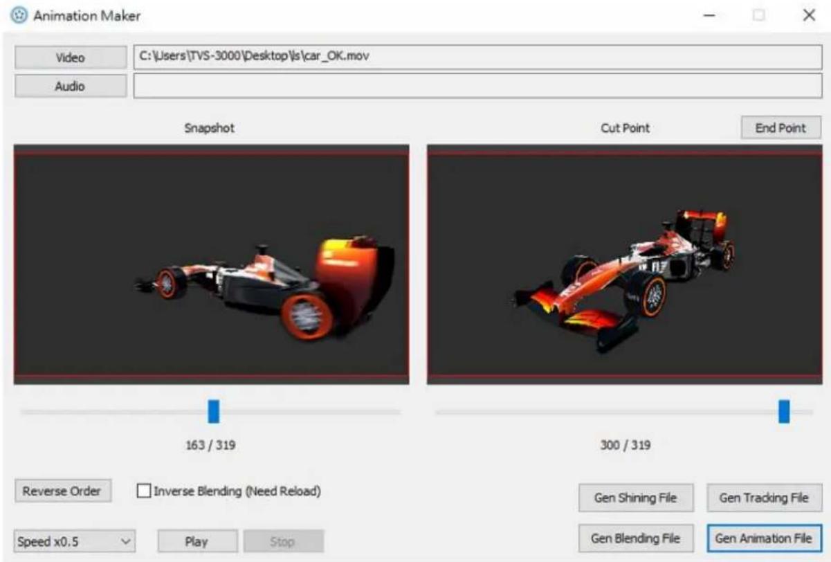 Animation Maker Video C:\Users\TVS-3000\Desktop\s\car_OK.mov Audio Snapshot Cut Point End Point 163 / 319 300 / 319 Reverse Order Inverse Blending (Need Reload) Speed x0.5 Play Stop Gen Shining File Gen Tracking File Gen Blending File Gen Animation File