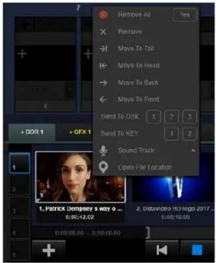 Remove All Remove Move To Tail Move To Head Move To Back Move To Front Send To DSK 1 2 3 Send To KEY 1 2 Sound Track Open File Location 1, Patrick Dempsey's way o ... 0:00:42.02 Z. Datavideo HD Lego 2917 ... 0:00:10.00 0:00:00.00 - 0:00:00.00