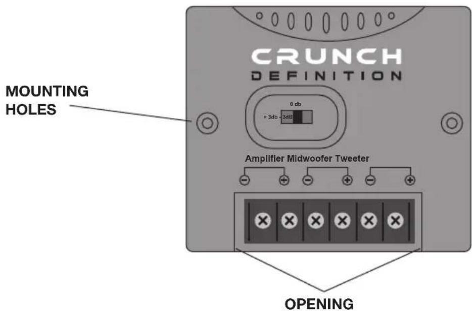 CRUNCH DEFINITION MOUNTING Holes 0 db + 3db + 3dB Amplifier Midwoofer Tweeter OPENING