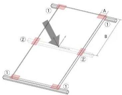 Technical diagram showing a structural frame with labeled components and directional arrows indicating motion or force.