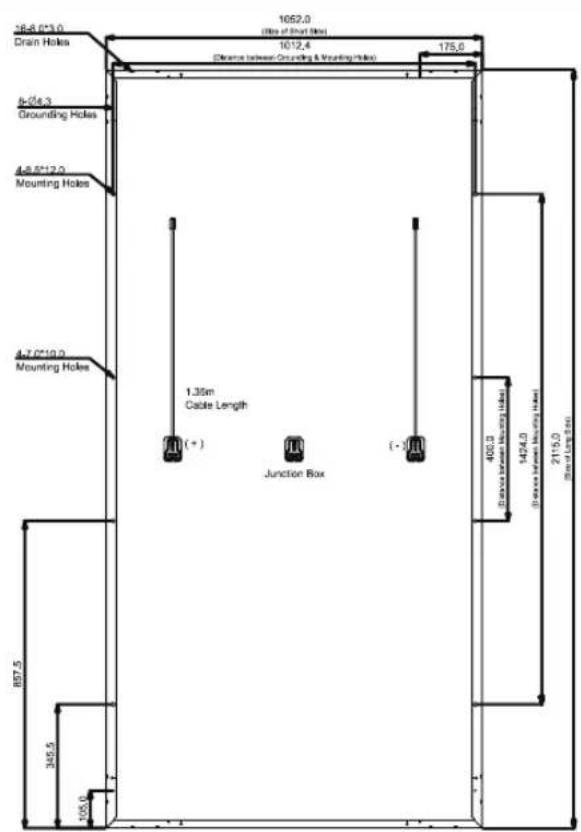 16.8 (2"3.0) Drain Holes 1052.0 (Dire of Box Hole) 1012.4 Distance between Grounding & Mounting Hole 175.0 5-2/4.3 Grounding Holes 4.8.9*12.0 Mounting Holes 4.7.0*19.0 Mounting Holes 1.35m Cable Length (+) Junction Box (-) 400.0 Service terminal housing unit 1424.0 Service terminal housing unit 2115.0 (See Lending Site) 887.5 345.5 105.0
