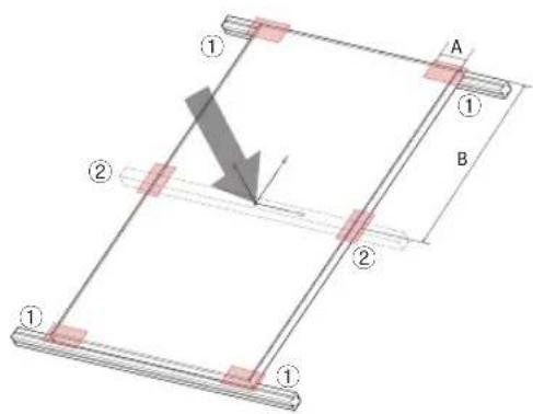Technical diagram showing a structural frame with labeled components and directional arrows indicating motion or force.