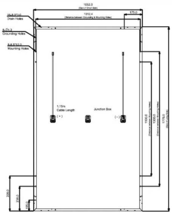 16.8"23.0 Drain Holes 1052.0 (Size of Smart Hole) 1012.4 (Distance between Grounding & Mounting Hole) 175.0 R-25.3 Grounding Holes R-8.5"17.0 Mounting Holes 1.15m Cable Length (+) Junction Box (-) 1100.0 (Source: water mounting hole) 1300.0 (Source: water mounting hole) 1775.0 (Bus mounting Hole) 238.0 239.0 105.0