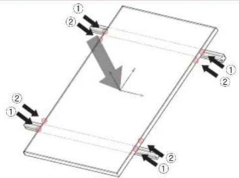 Diagram showing a mechanical or structural component with numbered parts and directional arrows indicating force or movement.