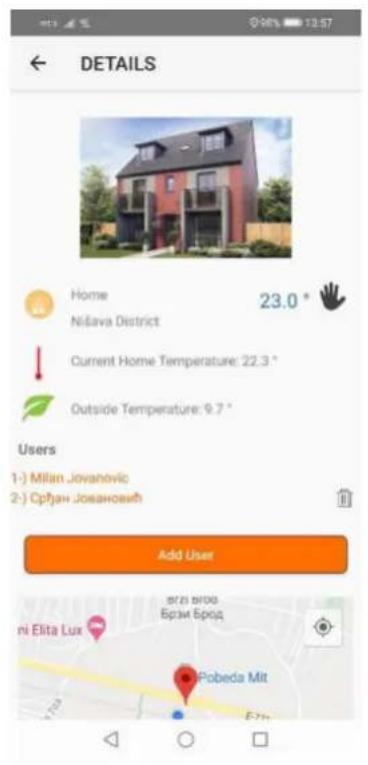 DETAILS Home Nišava District Current Home Temperature: 22.3 ° Outside Temperature: 9.7 ° Users 1-) Milan Jovanovic 2-) Cpđan Josanoeviš Add User ni Elita Lux Pobeda Mit