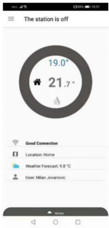 The station is off 19.0° 21.7° Good Connection Location: Home Weather Forecast: 9.8 °C User: Milan Jovanovic Modes