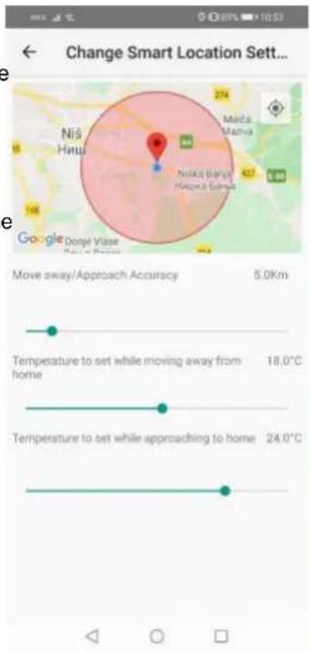 Change Smart Location Sett... Niš Hniš Niša Baruji Hapua Gomé Google Donje Vissé Move away/Approach Accuracy 5.0Km Temperature to set while moving away from home 18.0°C Temperature to set while approaching to home 24.0°C