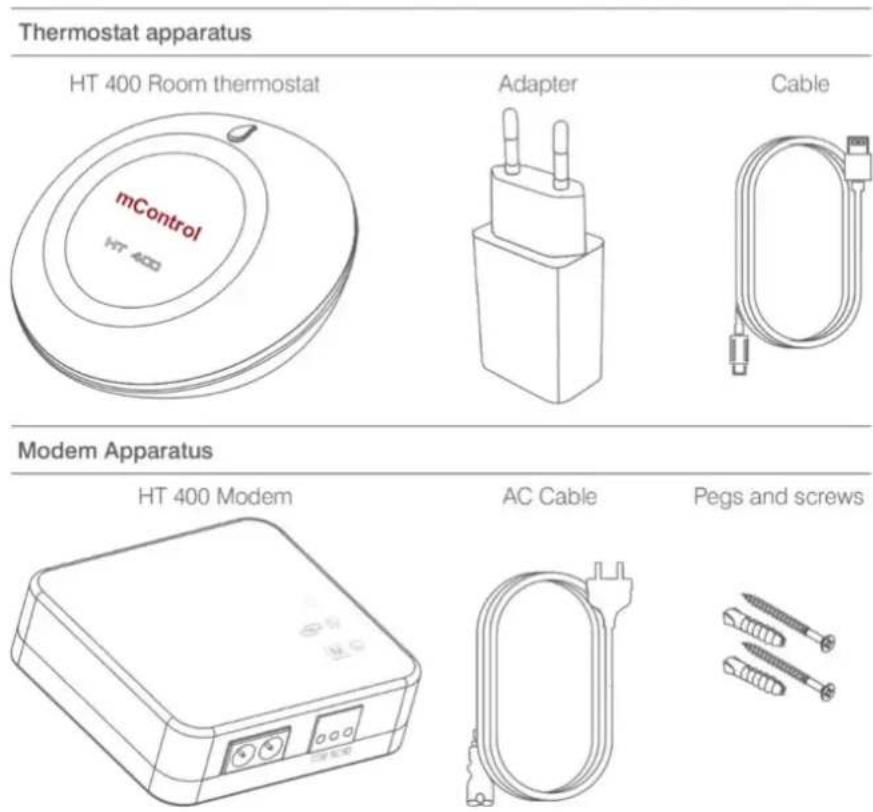 Thermostat apparatus HT 400 Room thermostat mControl Adapter Cable Modem Apparatus HT 400 Modem AC Cable Pegs and screws