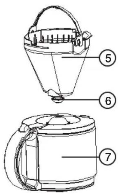 Technical diagram of a bucket with numbered parts for identification