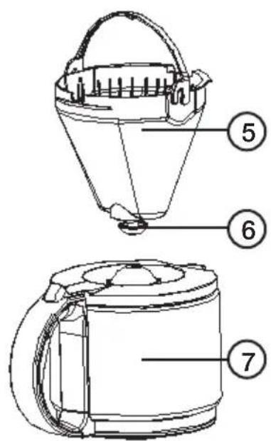 Technical diagram of a bucket with numbered parts labeled 5, 6, and 7