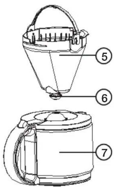 Technical diagram of a bucket with numbered parts labeled 5, 6, and 7