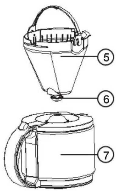 Technical diagram of a bucket with numbered parts labeled 5, 6, and 7