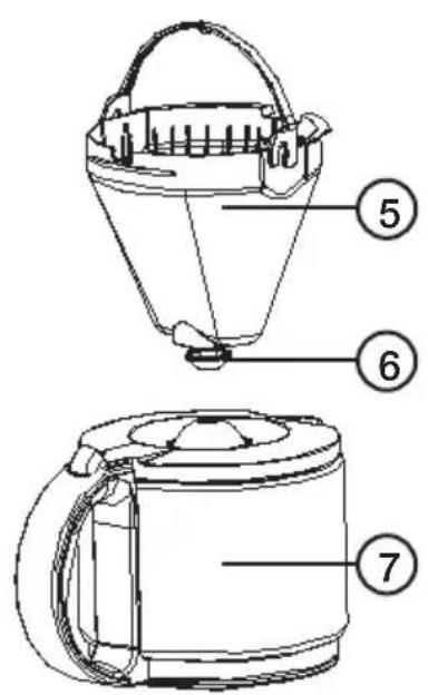 Technical diagram of a bucket with numbered parts labeled 5, 6, and 7