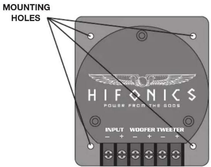 MOUNTING HOLES HIFONICS POWER FROM THE GODS INPUT WOOFER TWEETER - + - + - +