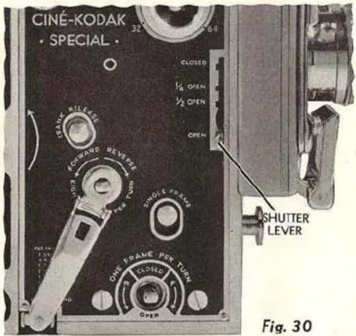 CINÉ-KODAK • SPECIAL • 32 64 CLOSED ½ OPEN ½ OPEN CREAM RELEASE FORWARD REVERSE RIGHT PER TURN SINGLE FRAME ONE FRAME PER TURN CLOSED OPEN SHUTTER LEVER Fig. 30