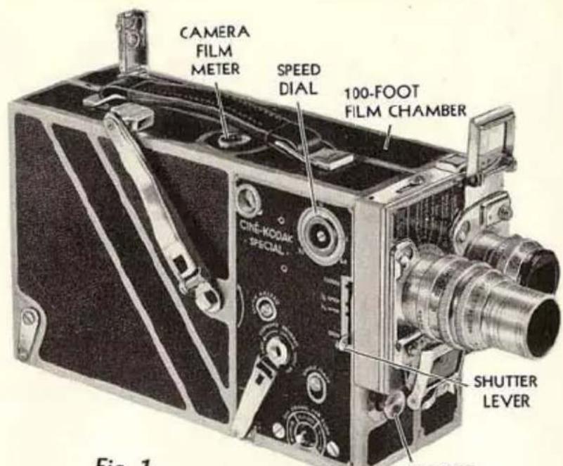 CAMERA FILM METER SPEED DIAL 100-FOOT FILM CHAMBER CINE-KODAR SPECIAL SHUTTER LEVER Fig. 1