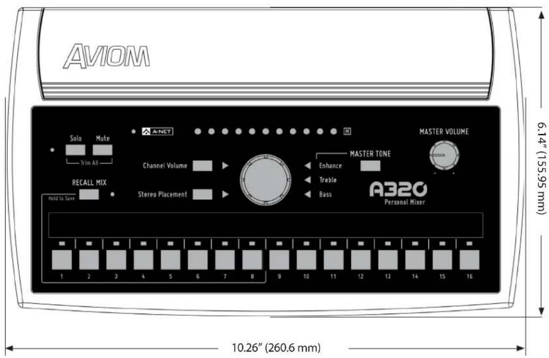 AVIOM Solo Mute Trim All A-NET Channel Volume Master VOLUME RECALL MIX Hold to Save Stereo Placement Enhance Treble Bass MASTER TONE A320 Personal Mixer 1 2 3 4 5 6 7 8 9 10 11 12 13 14 15 16 6.14" (155.95 mm) 10.26" (260.6 mm)