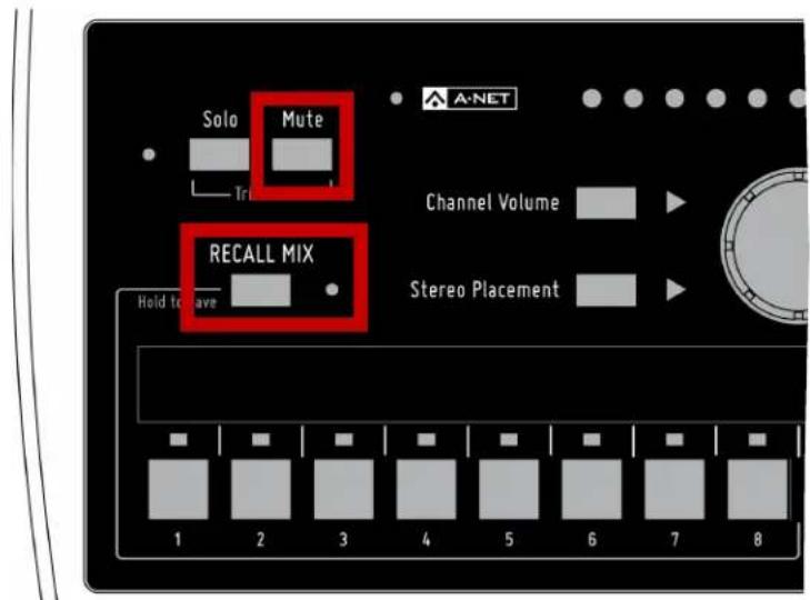 Solo Mute Tru RECALL MIX Hold to save Channel Volume Stereo Placement 1 2 3 4 5 6 7 8