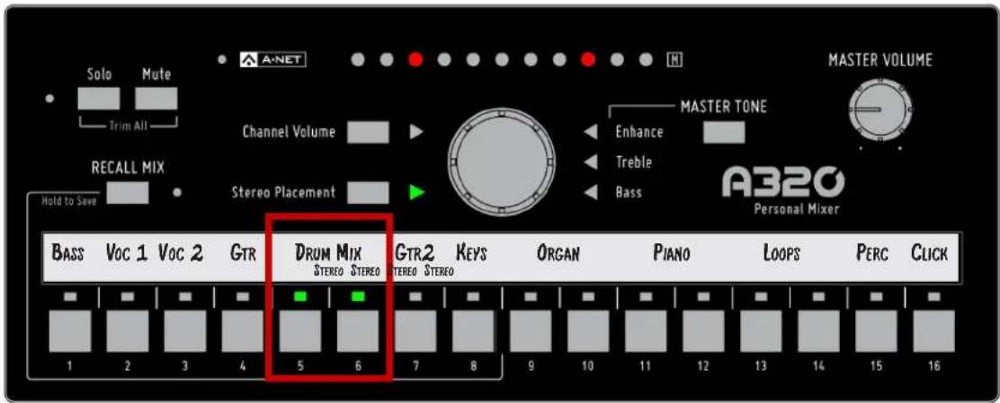 Solo Mute Trim All Channel Volume Recall Mix Hold to Save Stereo Placement MASTER TONE Enhance Treble Bass A320 Personal Mixer BASS VOC 1 VOC 2 GTR DRUM MIX GTR2 KEYS ORGAN PIANO LOOPS PERC CLICK 1 2 3 4 5 6 7 8 9 10 11 12 13 14 15 16