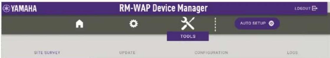 YAMAHA RM-WAP Device Manager LOGDUT TOOLS AUTO SETUP SITE SURVEY UPDATE CONFIGURATION LOGS