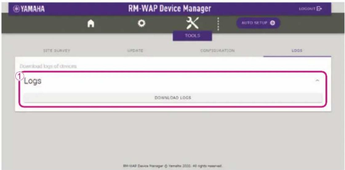 YAMAHA RM-WAP Device Manager LOGOUT AUTO SETUP TOOLS SITE SURVEY UPDATE CONFIGURATION LOGS Download logs of devices ① Logs DOWNLOAD LOGS BM-WAP Device Manager © Yamaha 2020. All rights reserved.