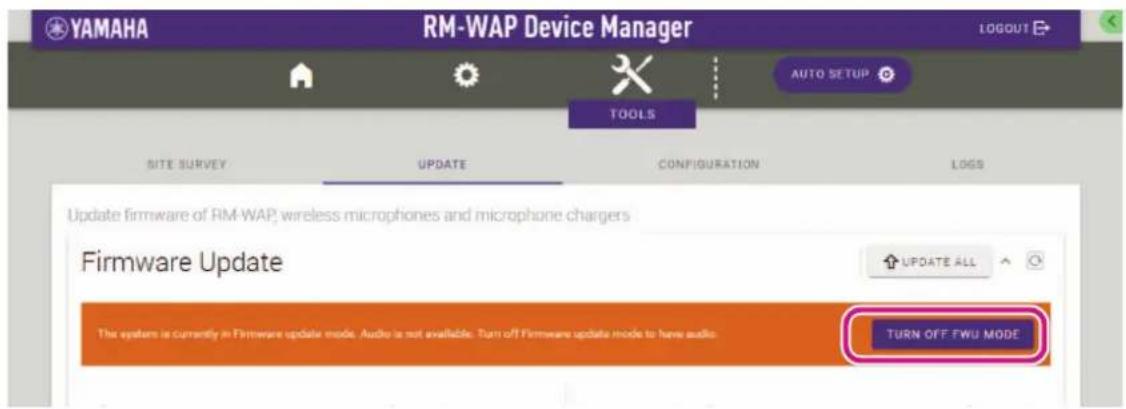 YAMAHA RM-WAP Device Manager LOGOUT AUTO SETUP TOOLS SITE SURVEY UPDATE CONFIGURATION LOGS Update firmware of RM-WAP, wireless microphones and microphone chargers Firmware Update UPDATE ALL The system is currently in Firmware update mode. Audio is not available. Turn off Firmware update mode to have audio. TURN OFF FWU MODE