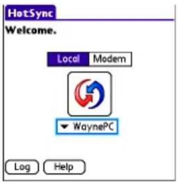 HotSync Welcome. Local Modem WaynePC Log Help