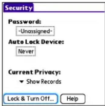 Security Password: -Unassigned- Auto Lock Device: Never Current Privacy: Show Records Lock & Turn Off... Help