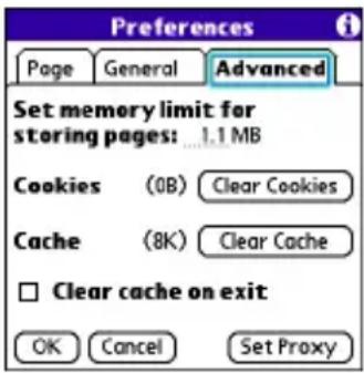 Preferences Page General Advanced Set memory limit for storing pages: 1.1 MB Cookies (0B) Clear Cookies Cache (8K) Clear Cache □ Clear cache on exit OK Cancel Set Proxy