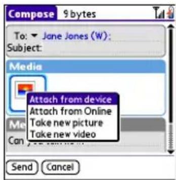 Compose 9 bytes To: Jane Jones (W); Subject: Media Attach from device Attach from Online Take new picture Take new video Send Cancel