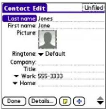 Contact Edit Last name: Jones First name: Jane Picture: Ringtone: ▼ Default Company: Title: ▼ Work: 555-3333 ▼ Home: Done Details...