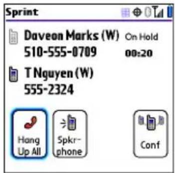 Sprint Daveon Marks (W) On Hold 510-555-0709 00:20 T Nguyen (W) 555-2324 Hang Up All Spkr- phone Conf