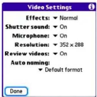 Video Settings Effects: ▼ Normal Shutter sound: ▼ On Microphone: ▼ On Resolution: ▼ 352 x 288 Review videos: ▼ On Auto naming: ▼ Default format Done