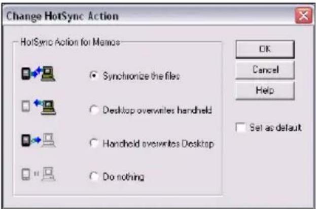Change HotSync Action HotSync Action for Memos Synchronize the files Desktop overwrites handheld Handheld overwrites Desktop Do nothing OK Cancel Help Set as default