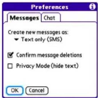 Preferences Messages Chat Create new messages as: ▼ Text only (SMS) ✓ Confirm message deletions □ Privacy Mode (hide text) OK Cancel