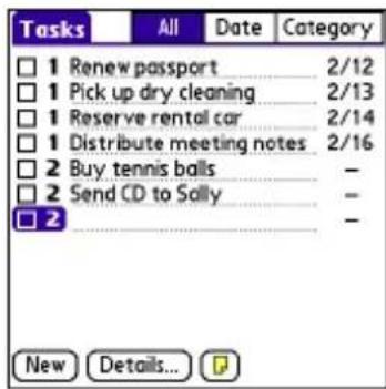 Tasks All Data Category □ 1 Renew passport......2/12 □ 1 Pick up dry cleaning......2/13 □ 1 Reserve rental car......2/14 □ 1 Distribute meeting notes 2/16 □ 2 Buy tennis balls......- □ 2 Send CD to Sally......- □ 2 New Details...