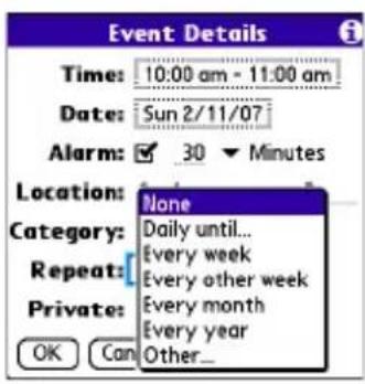 Event Details Time: 10:00 am - 11:00 am Date: Sun 2/11/07 Alarm: 30 Minutes Location: Category: Repeat: Private: OK Can None Daily until... Every week Every other week Every month Every year Other...
