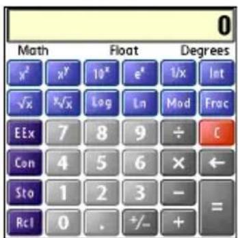 0 Math Float Degrees x² x^y 10^x e^x 1/x Int √x √x Log Ln Mod Frac EEx 7 8 9 ÷ C Con 4 5 6 x ← Sto 1 2 3 - = Rcl 0 . +/- + =