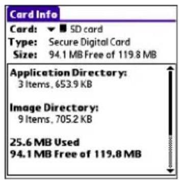 Card Info Card: ▼ ■ SD card Type: Secure Digital Card Size: 94.1 MB Free of 119.8 MB Application Directory: 3 Items, 653.9 KB Image Directory: 9 Items, 705.2 KB 25.6 MB Used 94.1 MB Free of 119.8 MB